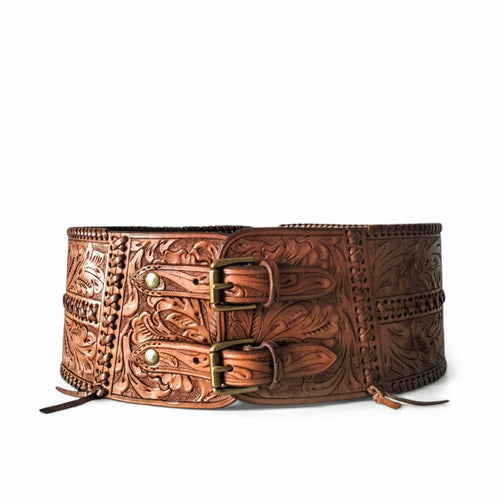 Ralph Lauren Leather Corset Belt - Wide Hand-Tooled Western Cowboy Style