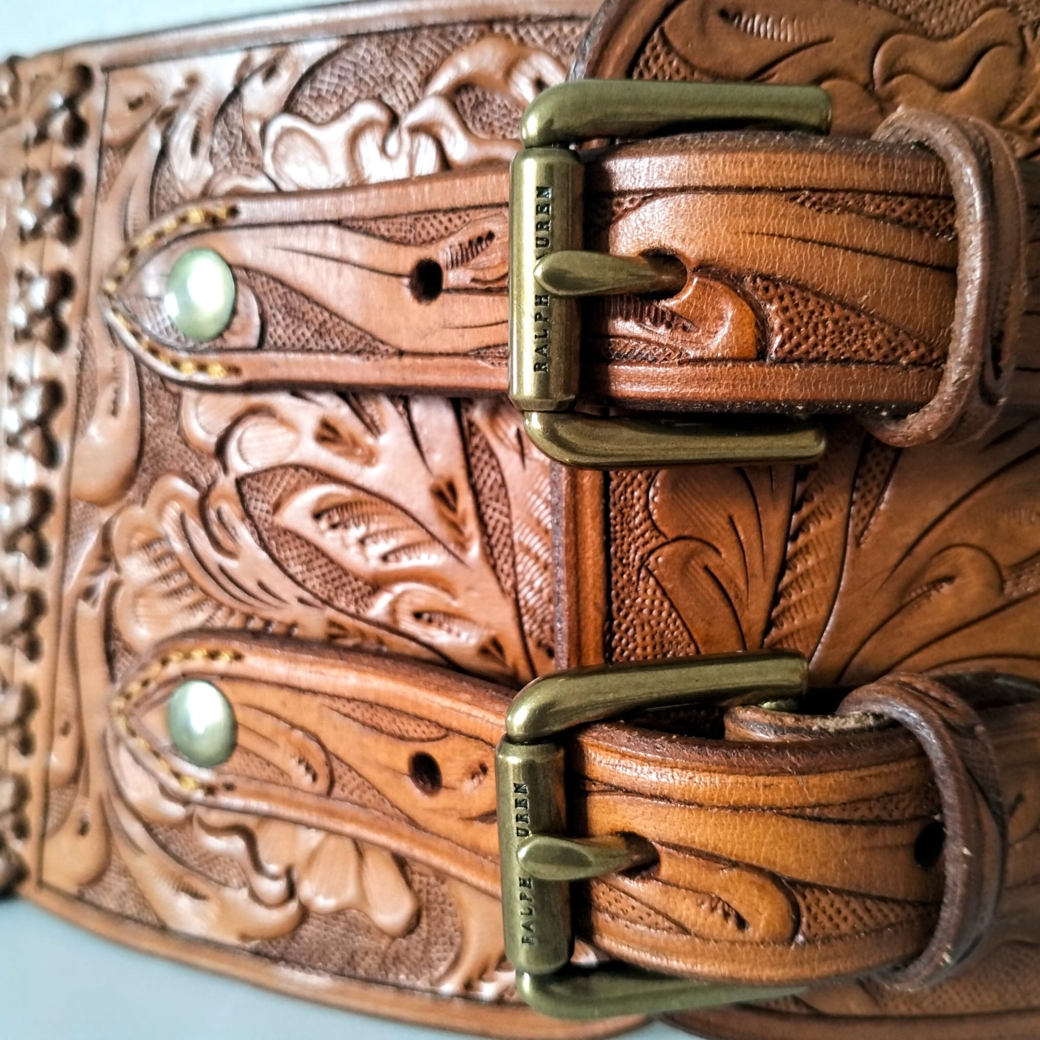 Ralph Lauren Leather Corset Belt - Wide Hand-Tooled Western Cowboy Style