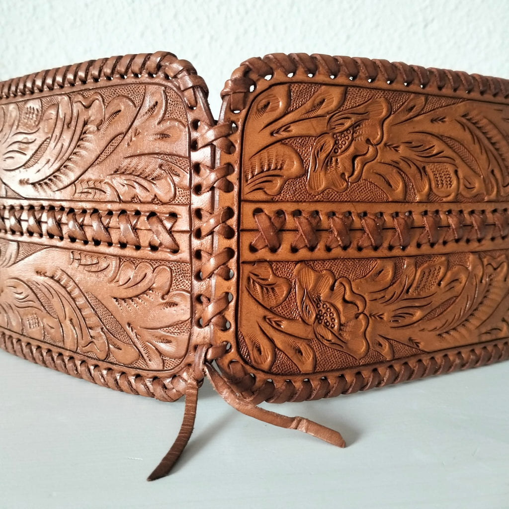 Ralph Lauren Leather Corset Belt - Wide Hand-Tooled Western Cowboy Style
