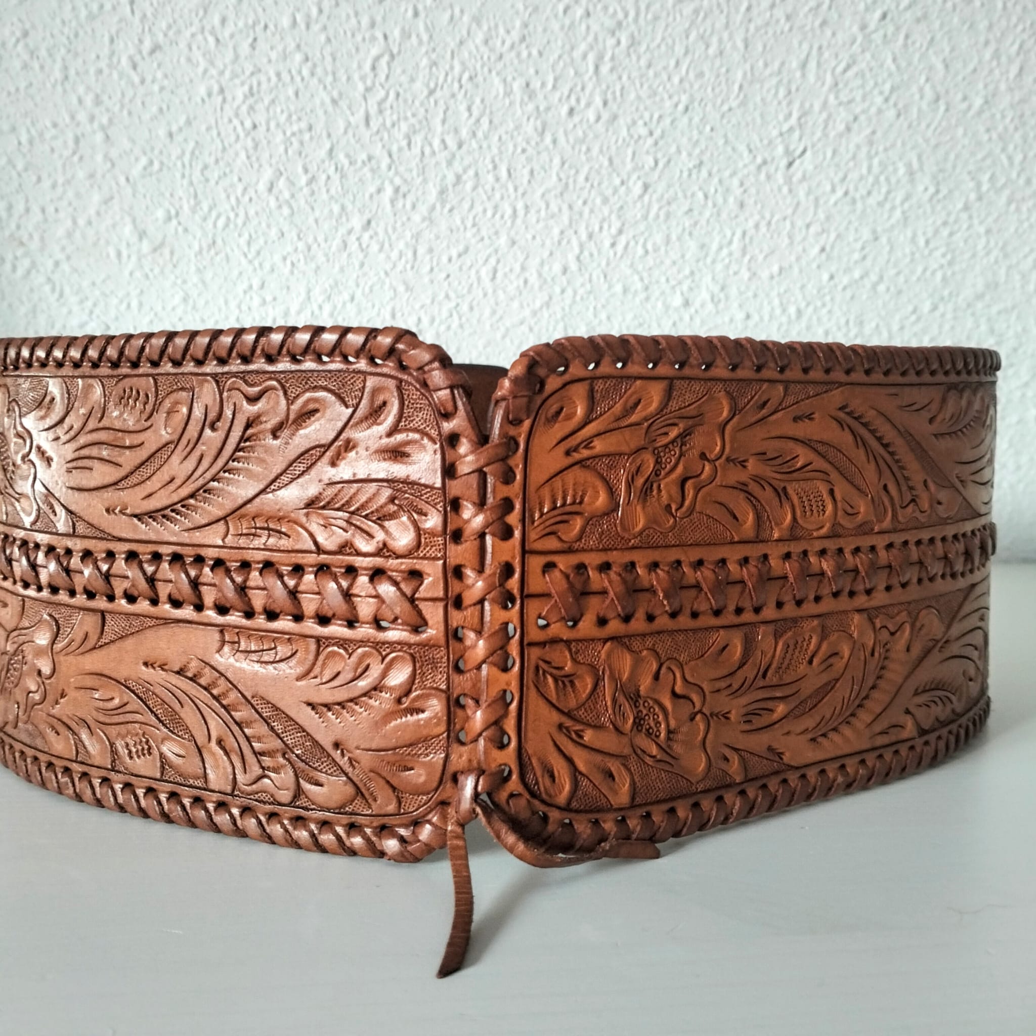 Ralph Lauren Leather Corset Belt - Wide Hand-Tooled Western Cowboy Style
