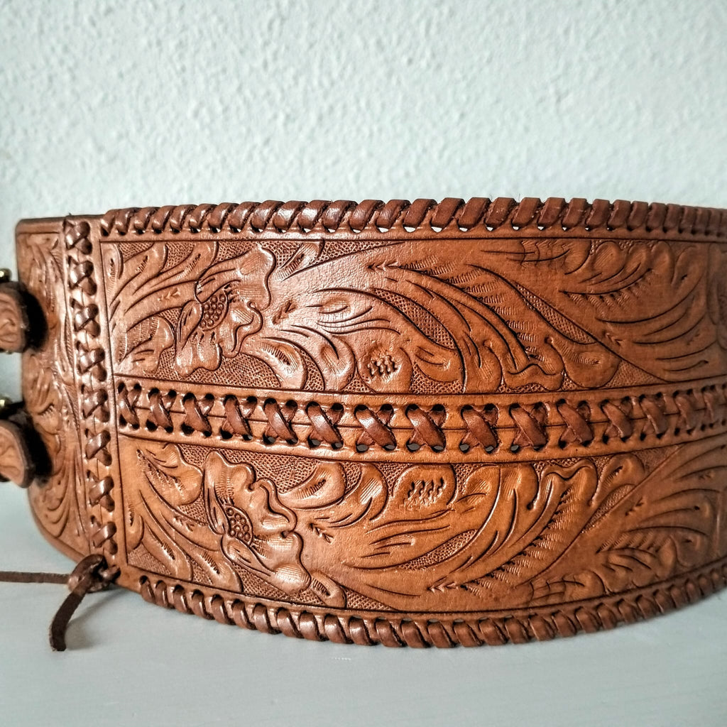 Ralph Lauren Leather Corset Belt - Wide Hand-Tooled Western Cowboy Style