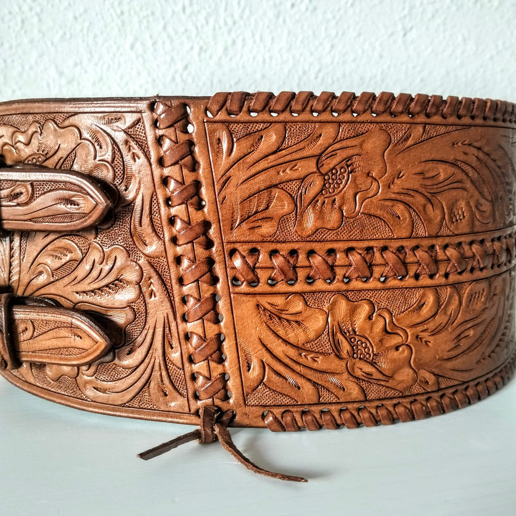 Ralph Lauren Leather Corset Belt - Wide Hand-Tooled Western Cowboy Style
