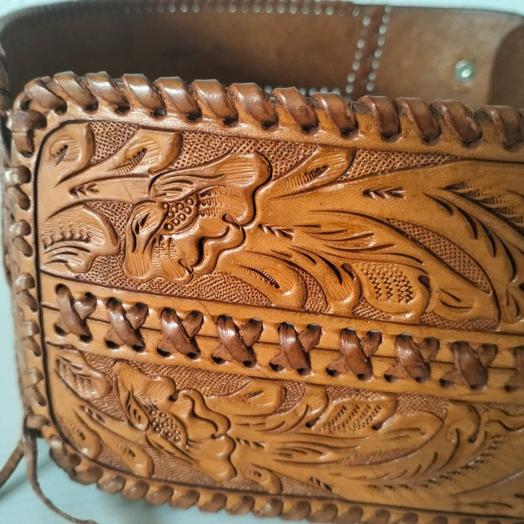 Ralph Lauren Leather Corset Belt - Wide Hand-Tooled Western Cowboy Style