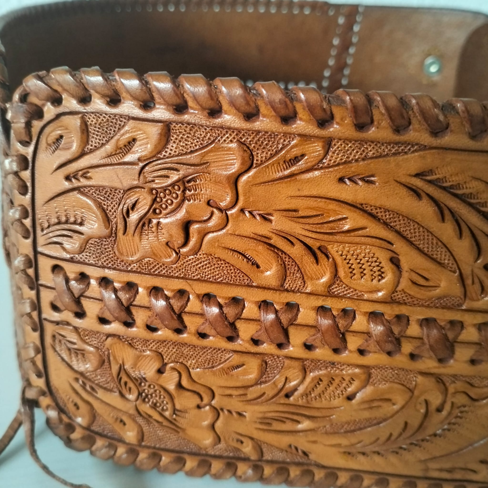 Ralph Lauren Leather Corset Belt - Wide Hand-Tooled Western Cowboy Style