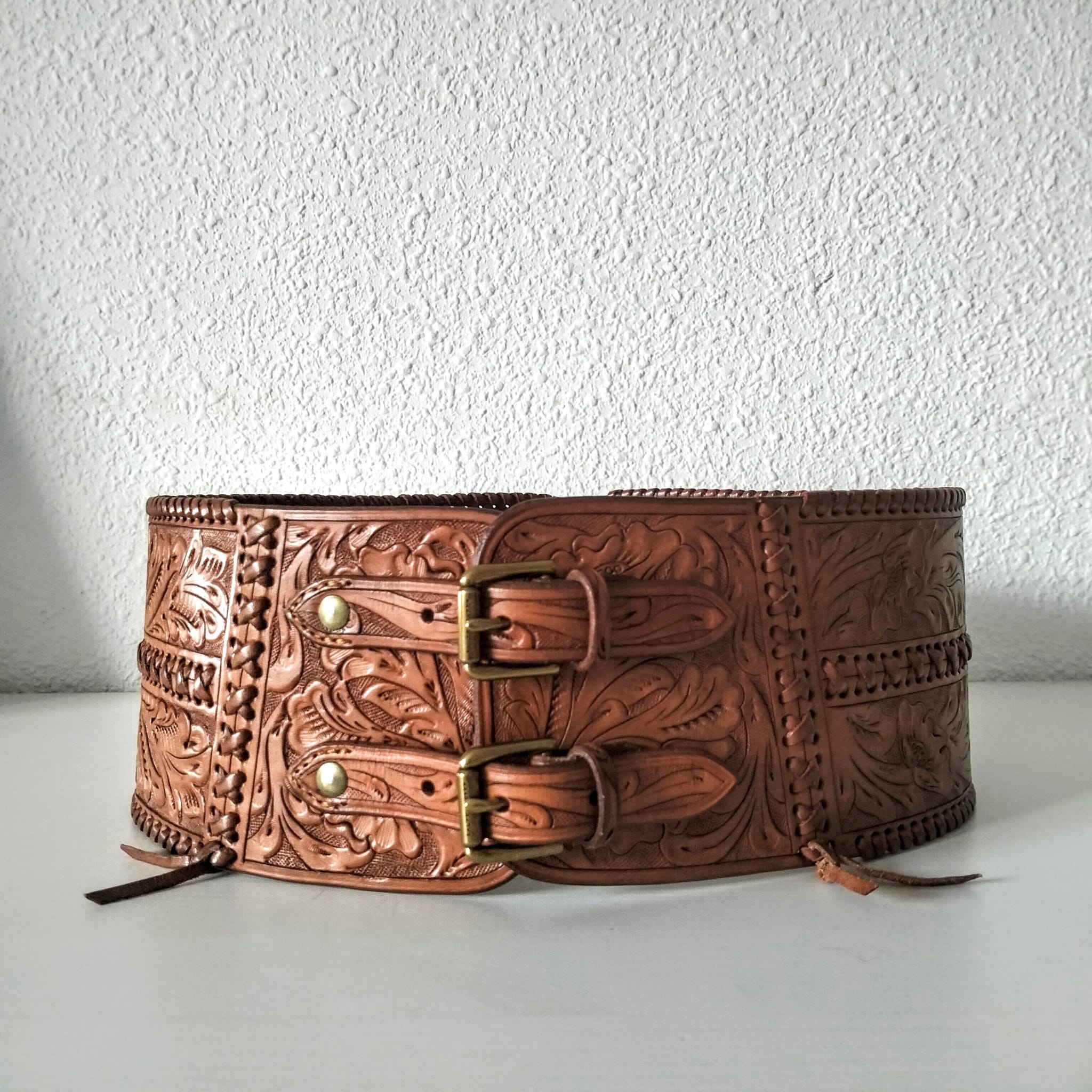 Ralph Lauren Leather Corset Belt - Wide Hand-Tooled Western Cowboy Style