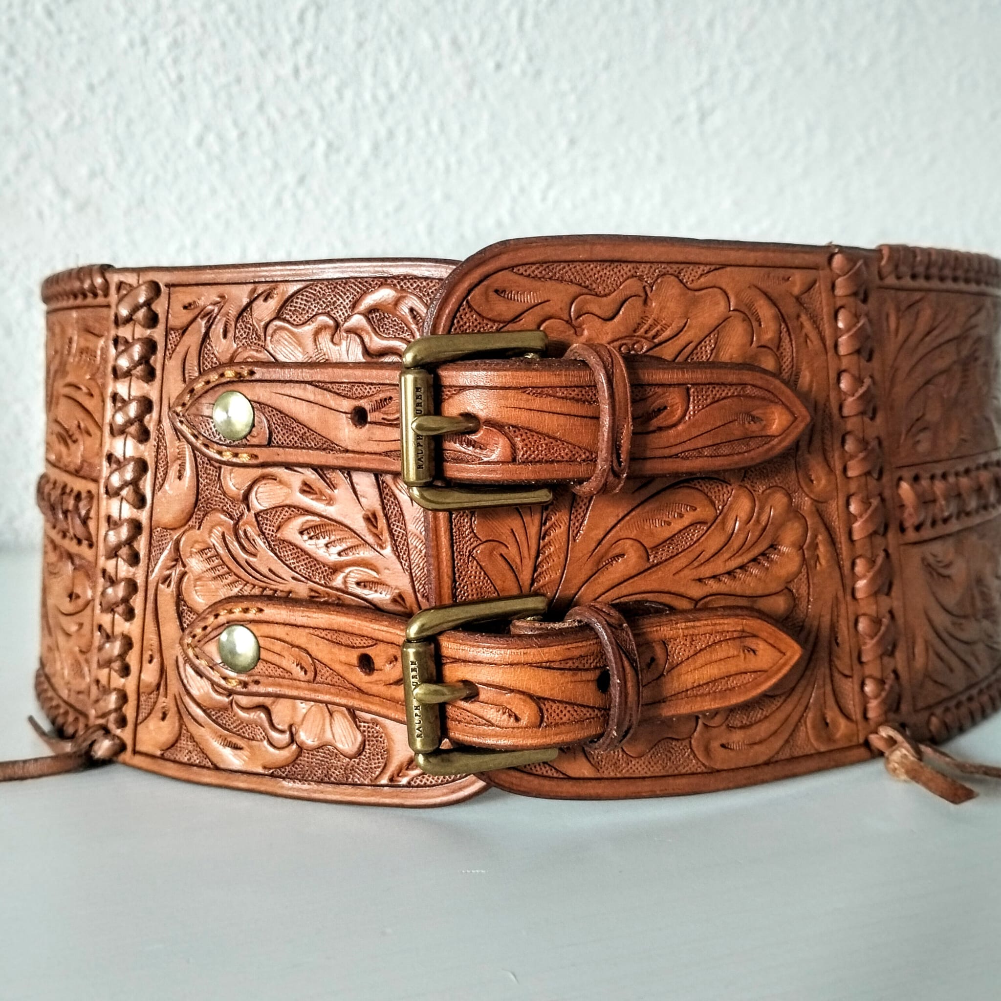 Ralph Lauren Leather Corset Belt - Wide Hand-Tooled Western Cowboy Style