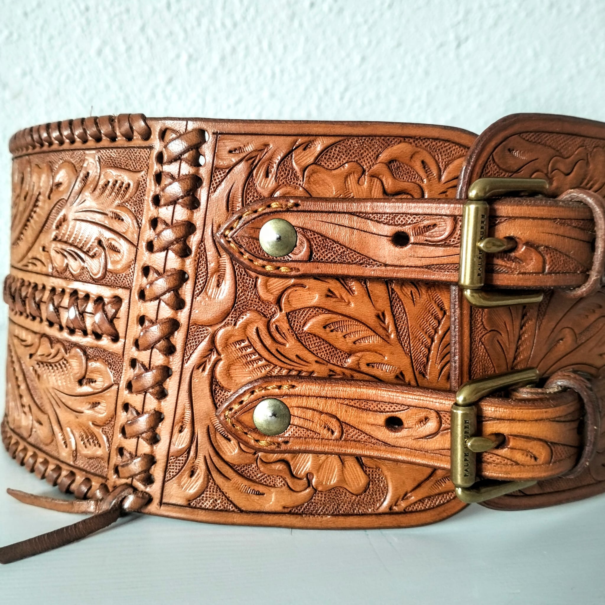 Ralph Lauren Leather Corset Belt - Wide Hand-Tooled Western Cowboy Style