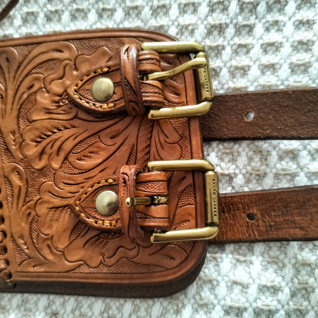 Ralph Lauren Leather Corset Belt - Wide Hand-Tooled Western Cowboy Style